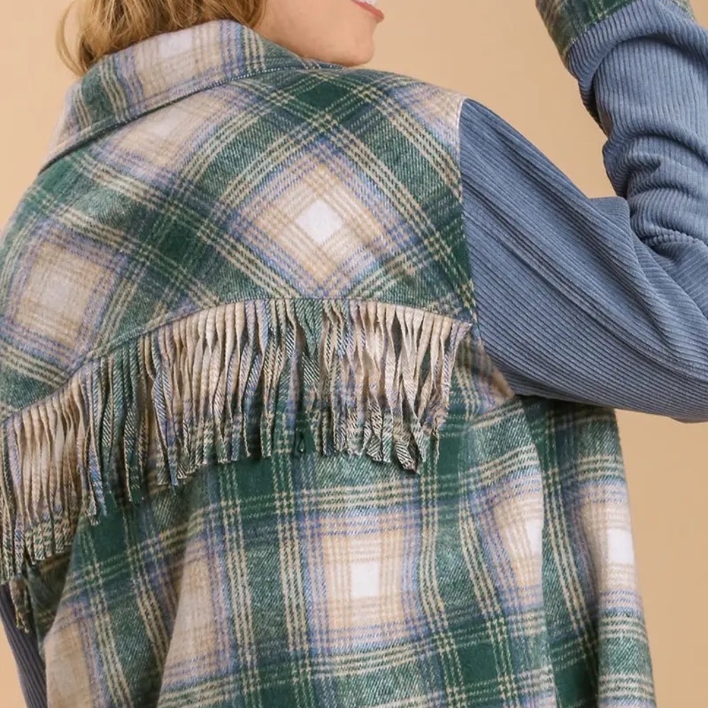New UMGEE Plaid Flannel Fringe Shacket Magenta Green Snap Up Corduroy Sleeves - Picture 6 of 10